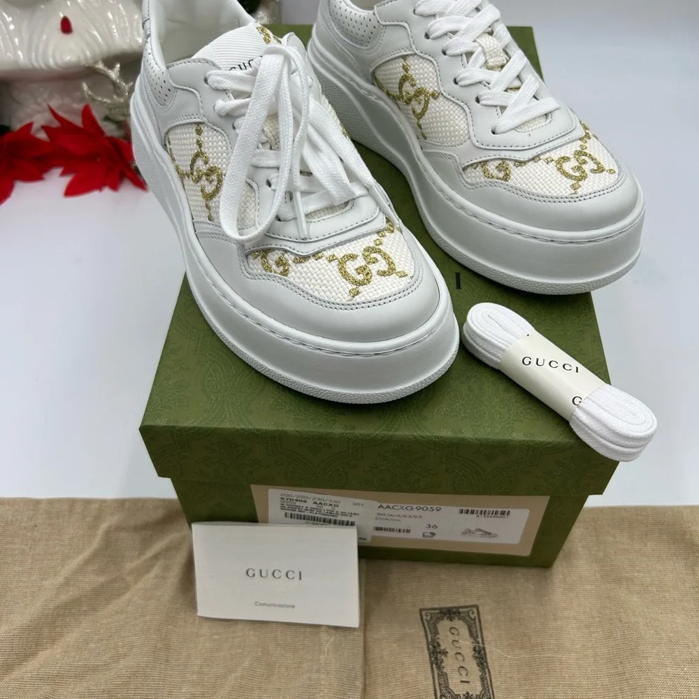 Gucci Women's platform low top sneakers in white leather with gold lame size 36 - Picture 2 of 9